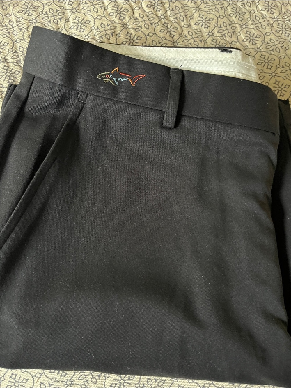 Greg Norman Collection Black Flat-Front Shorts with Multicolor Shark Embroidery